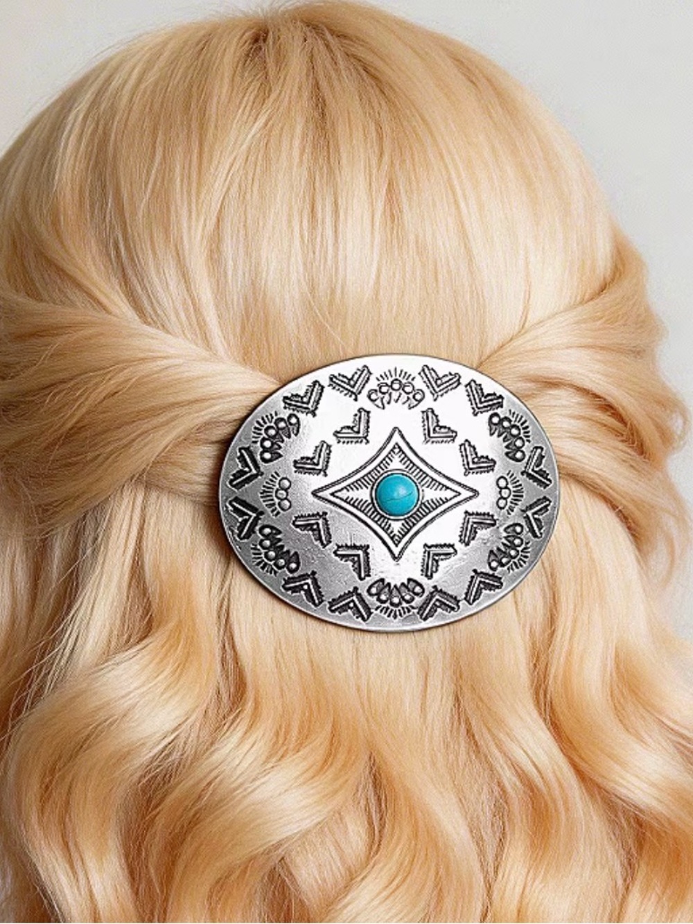 Western Silver-Tone Oval Turquoise Accent Hair Barrette - Women Accessories